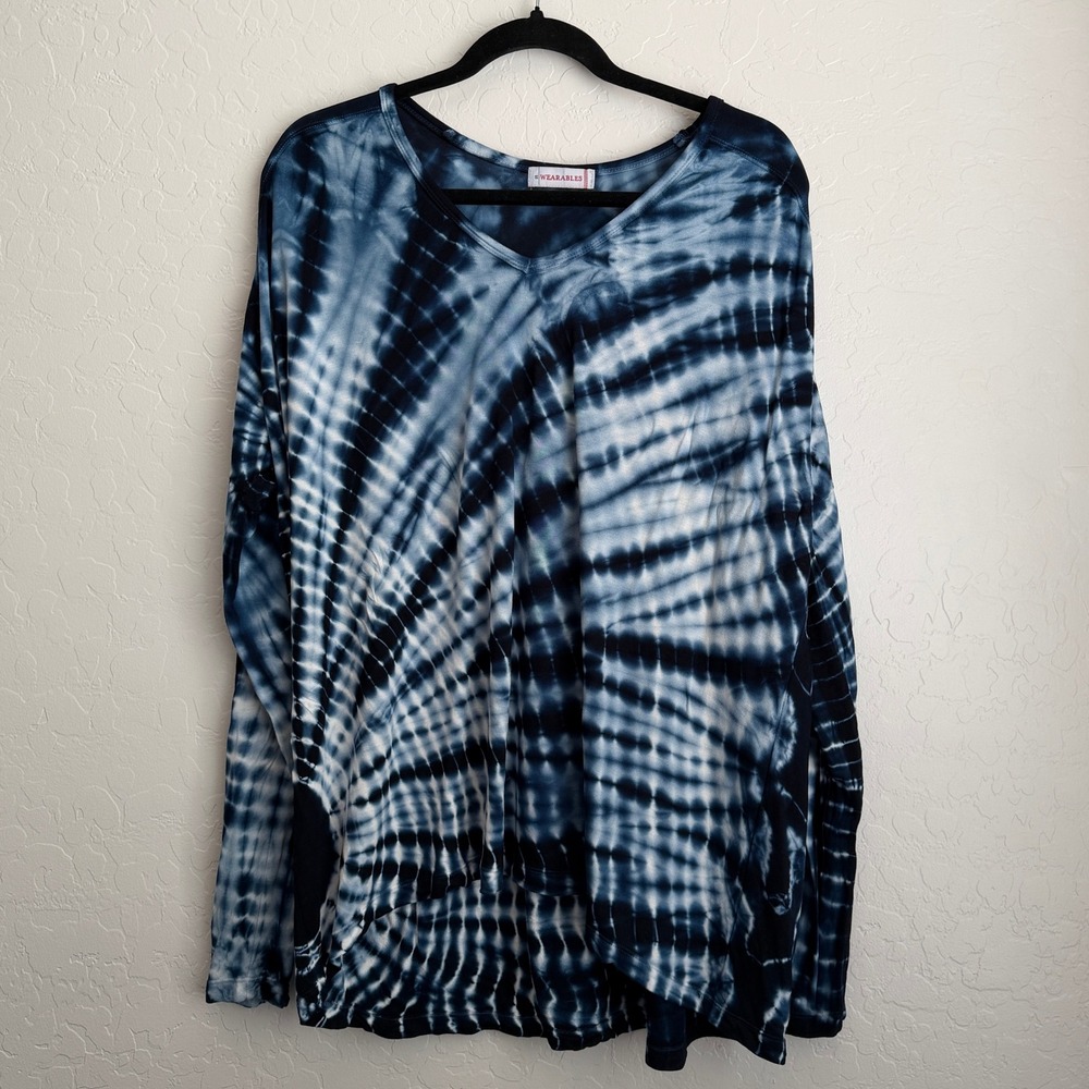 XCVI Wearables Women's Long Sleeve Blouse Tie Dye Blue White Medium